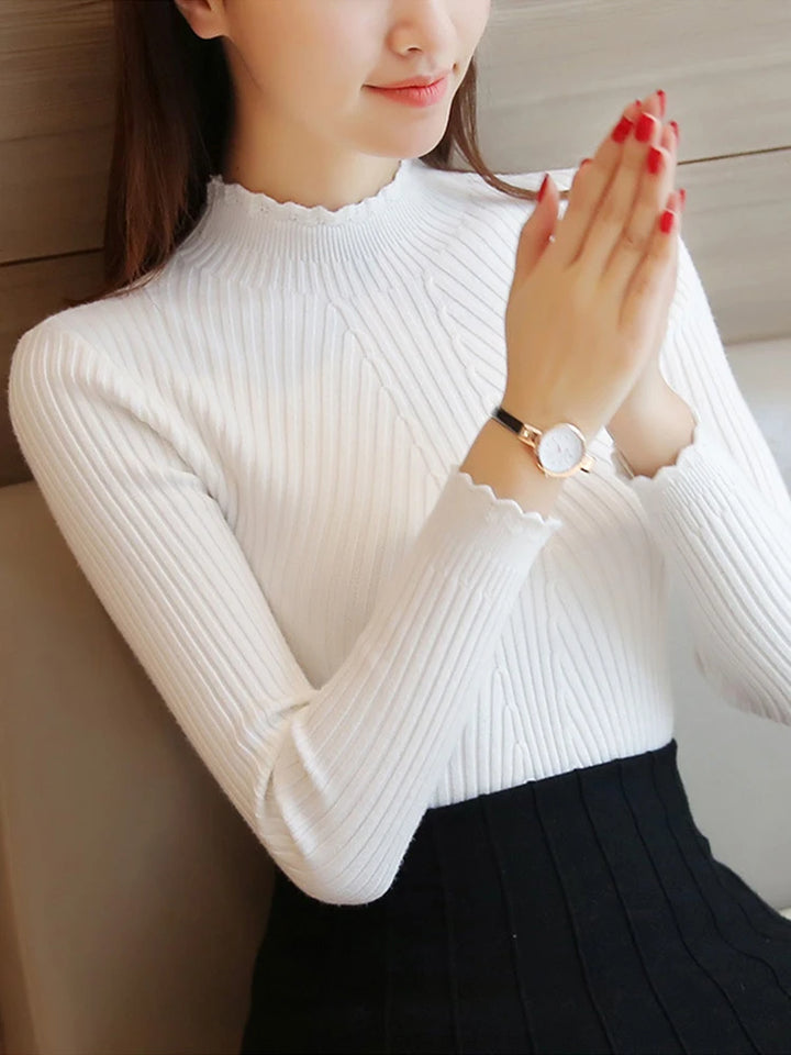 Knitted Mock Neck Ruffled Sweater