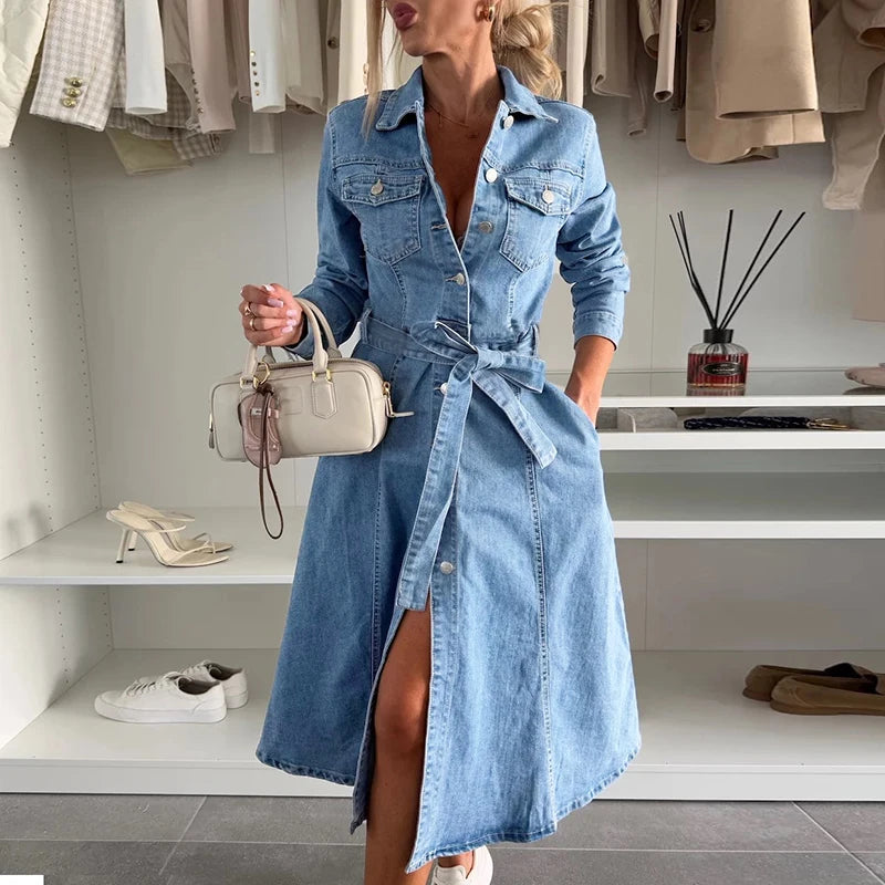 Casual Long Sleeve Solid Slim Midi Dress with High Waist