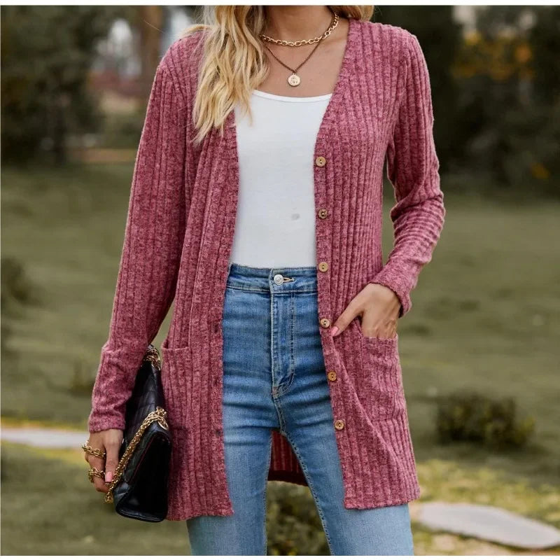 Fleece-Striped V-Neck Long Sleeve Cardigan