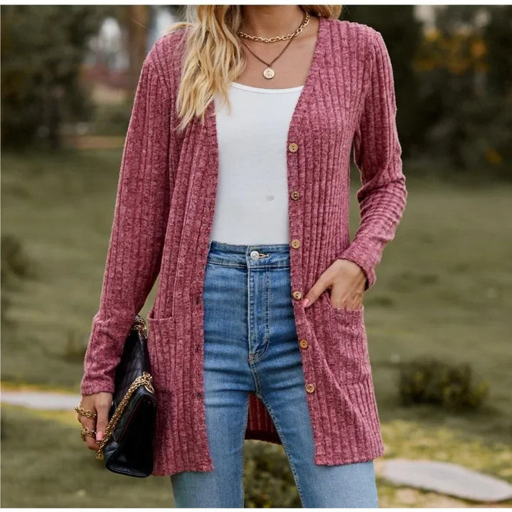 Fleece-Striped V-Neck Long Sleeve Cardigan