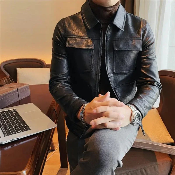 Slim Fit British Style Pure Color Leather Jacket