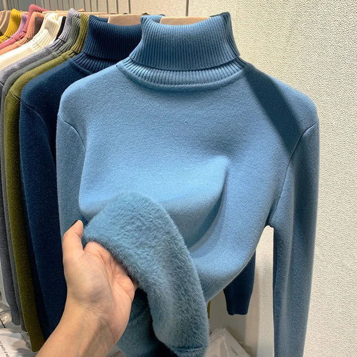 Elegant Women's Thick Velvet Lined Turtleneck Sweater