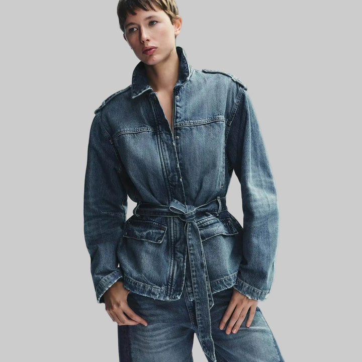 Long Denim Jacket with Belt
