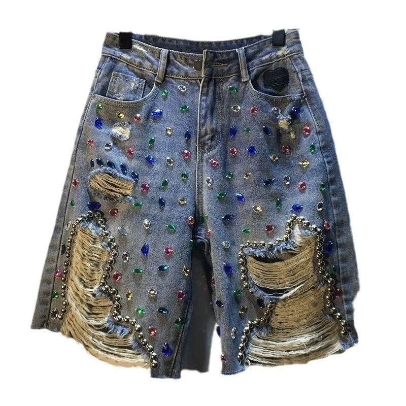 High-Waisted Distressed Denim Shorts with Diamond Accents