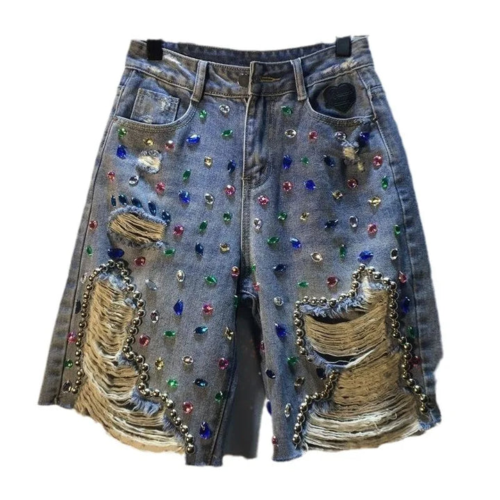 High-Waisted Distressed Denim Shorts with Diamond Accents