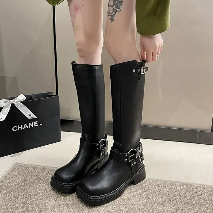 Retro Denim Long Tube Boots in Maillard Style
