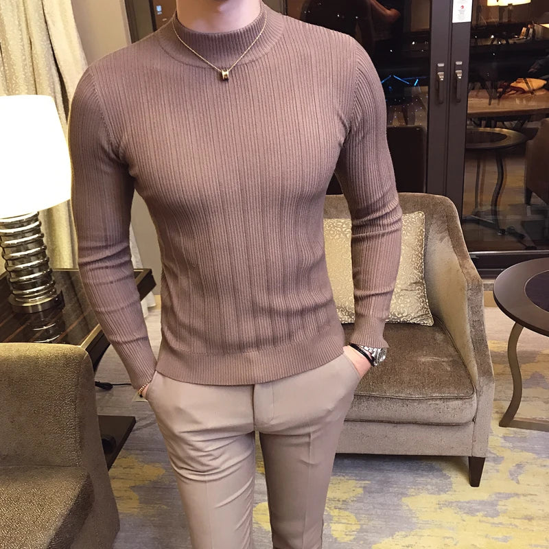 Slim Fit Striped Knit Turtleneck Sweater