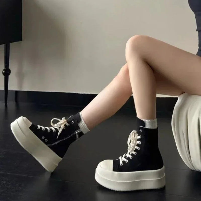 High-Top Lace-Up Canvas Platform Ankle Boots