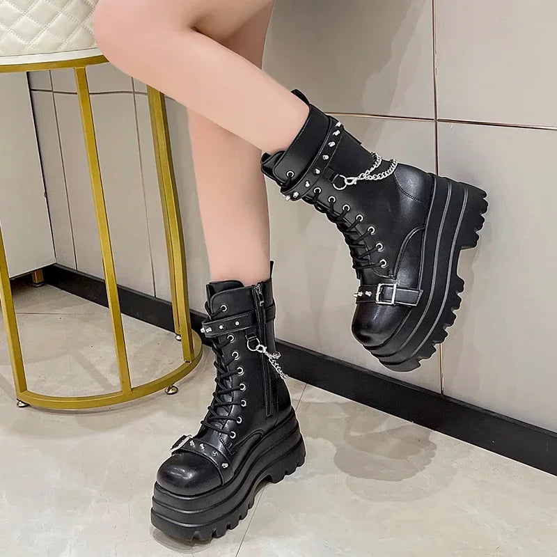Gothic Lady Buckle Autumn Wedges Knee High Boots