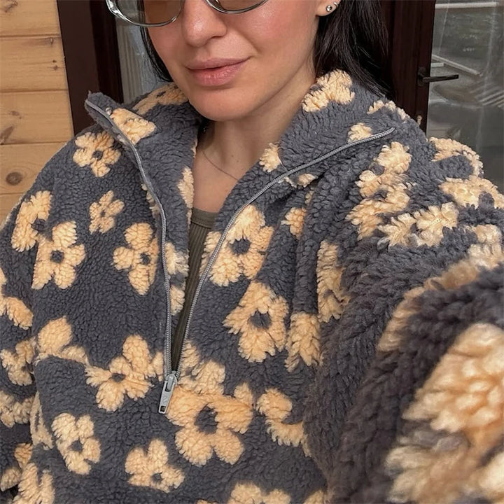 Floral Print Faux Lamb Wool Hoodie with Zipper Pocket