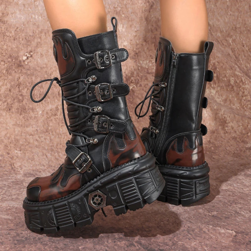 Punk Platform Belt Buckle Flame Boots