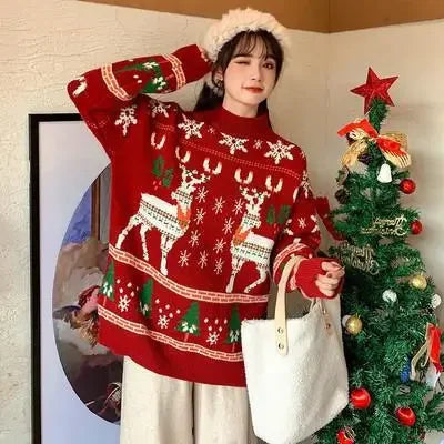 Cozy Red Deer Knitted Christmas Sweater