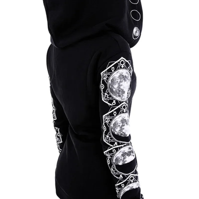 Gothic Punk Black Long-Sleeve Hoodie with Moon Print
