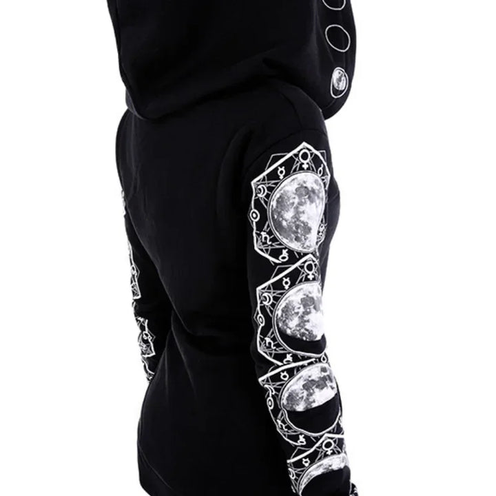 Gothic Punk Black Long-Sleeve Hoodie with Moon Print