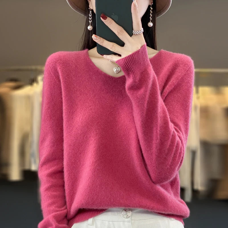 100% Pure Merino Wool V-Neck Autumn Winter Sweater