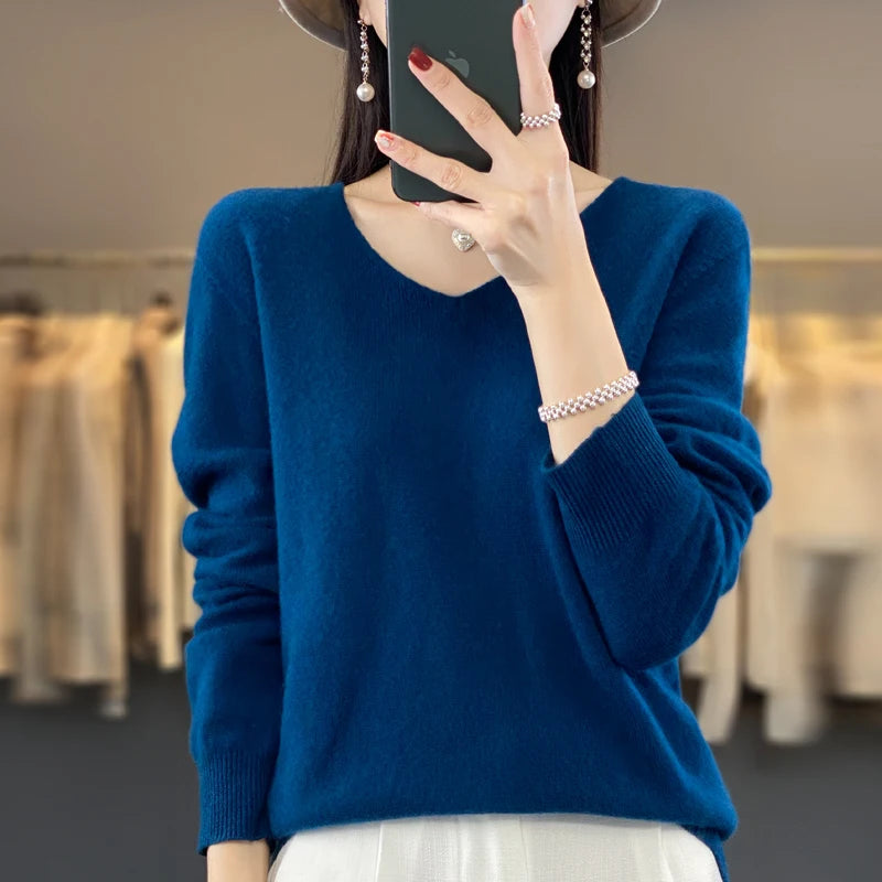 100% Pure Merino Wool V-Neck Autumn Winter Sweater