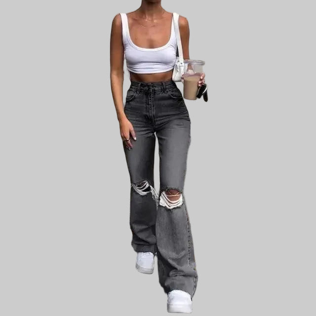 Retro Stretch Ripped Bell Bottom Jeans