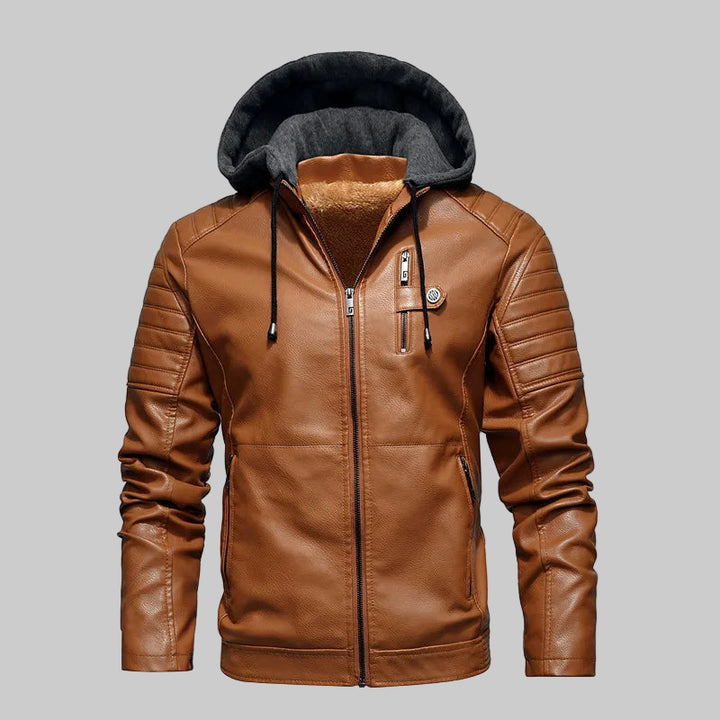 Fleece Lined Leather Hooded Motorcycle Jacket