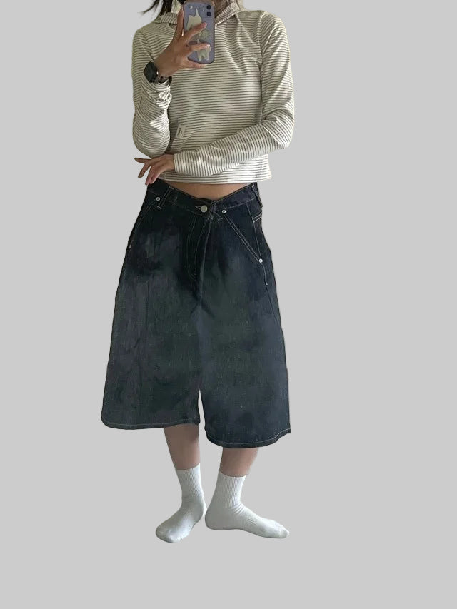 Hip hop pocket print loose Y2K denim shorts