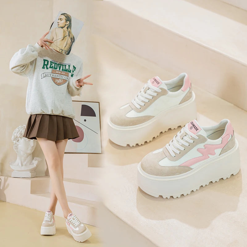 8cm Genuine Leather Platform Wedge Chunky Sneakers