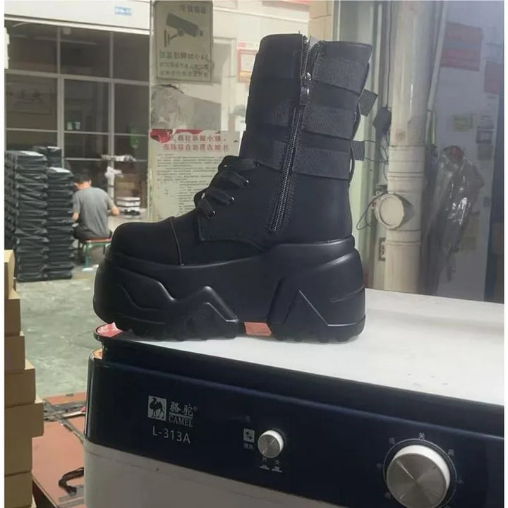 Chunky High Platform 9CM Leather Ankle Booties for Autumn