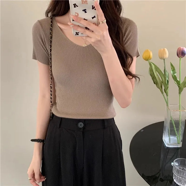 Basic V-Neck Ribbed Knit Pullover - Slim Fit