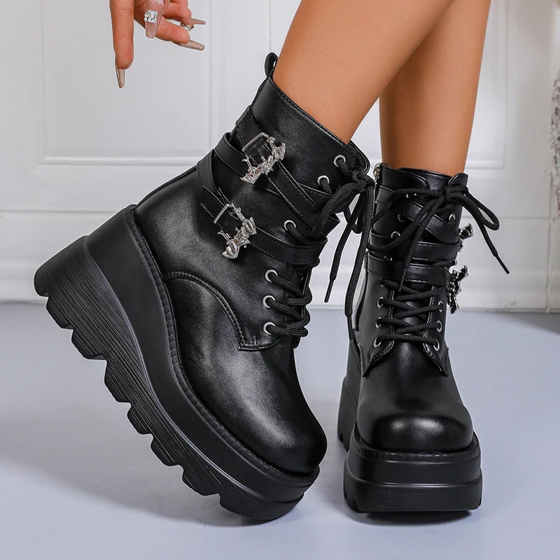 Thick-soled lace-up punk ankle boots