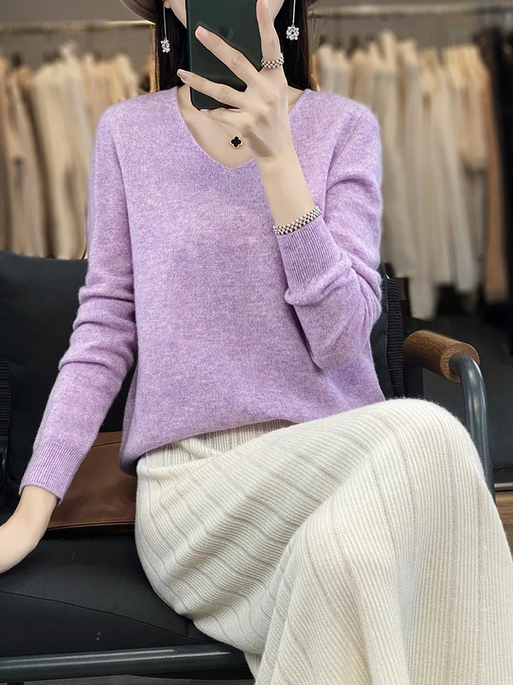 100% Pure Merino Wool Women's V-Neck Sweater