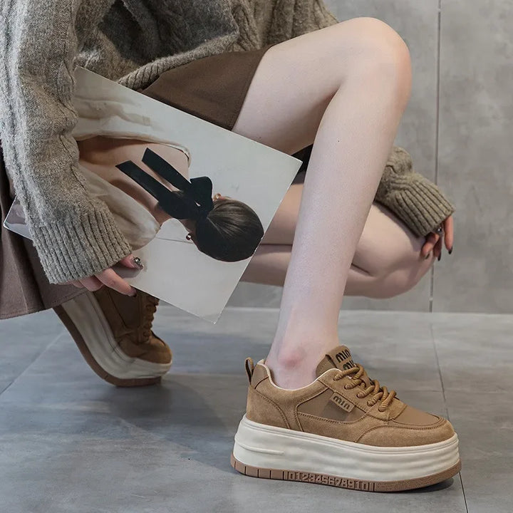 Genuine Leather Cloth Suede Chunky Platform Sneakers