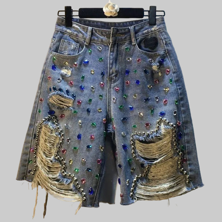 High-Waisted Distressed Denim Shorts with Diamond Accents