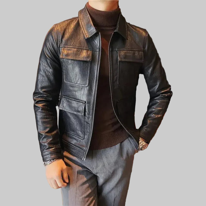Slim Fit British Style Pure Color Leather Jacket