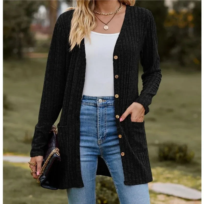 Fleece-Striped V-Neck Long Sleeve Cardigan