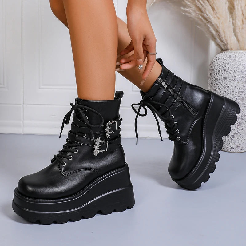 Thick-soled lace-up punk ankle boots