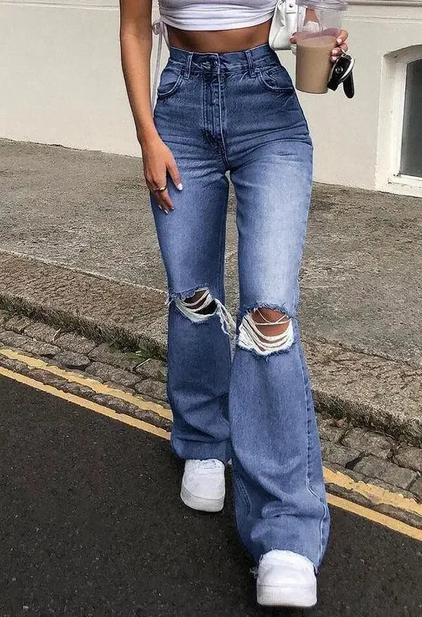 Retro Stretch Ripped Bell Bottom Jeans