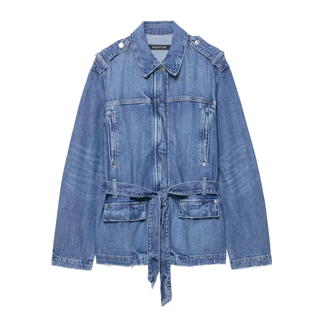 Long Denim Jacket with Belt