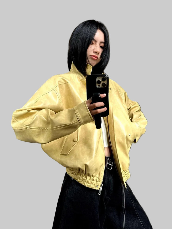 American Distressed Yellow PU Leather Jacket