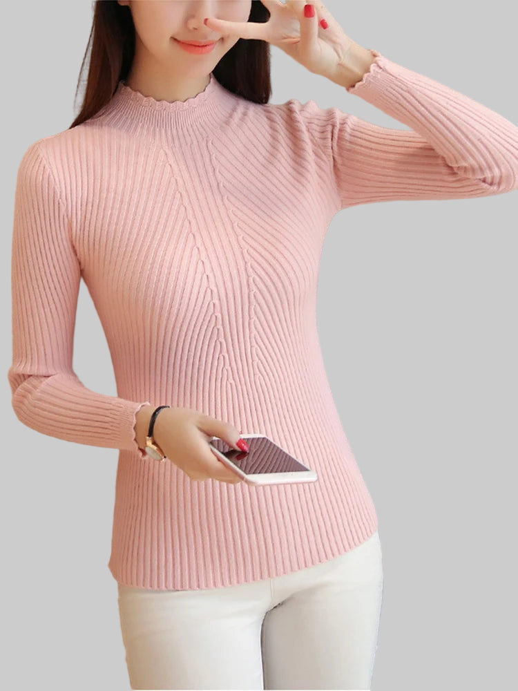 Knitted Mock Neck Ruffled Sweater
