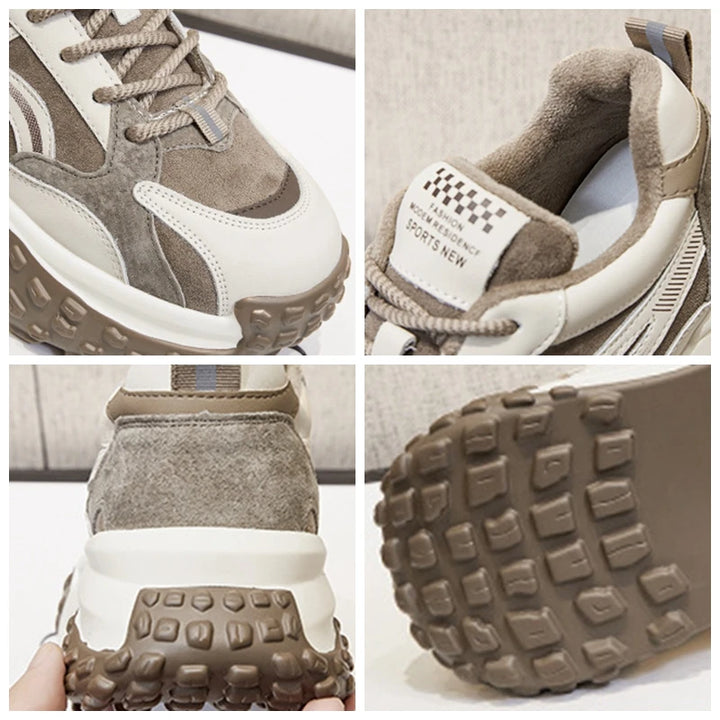 Natural Leather Wedge Plush Chunky Sneakers