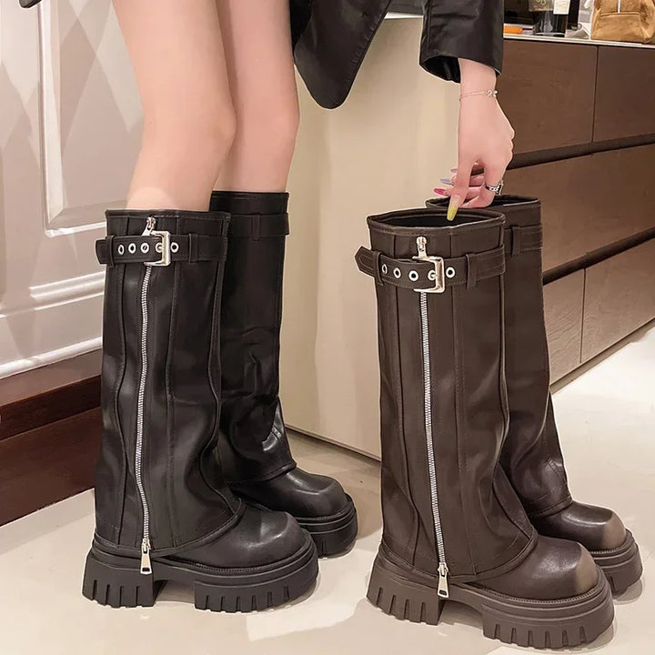 Platform Western Long Boots with Belt Buckle