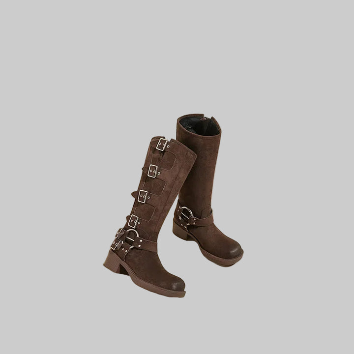 Retro Suede Cowhide Knight Belt Buckle Cowboy Boots