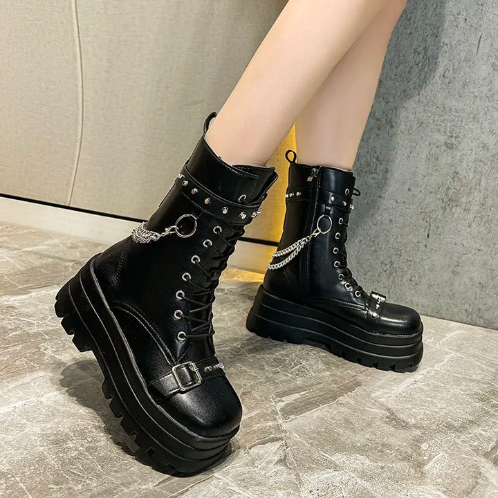 Gothic Lady Buckle Autumn Wedges Knee High Boots