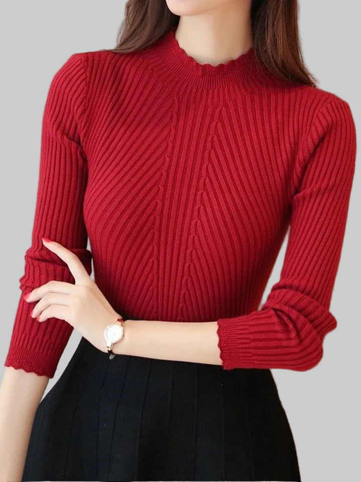 Knitted Mock Neck Ruffled Sweater