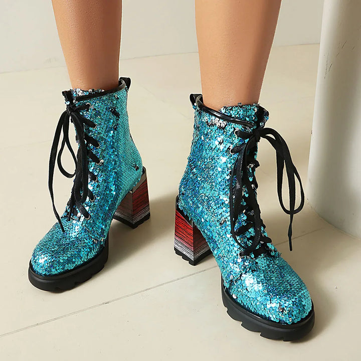 Chunky Lace-up Sequin Ankle Party Boots