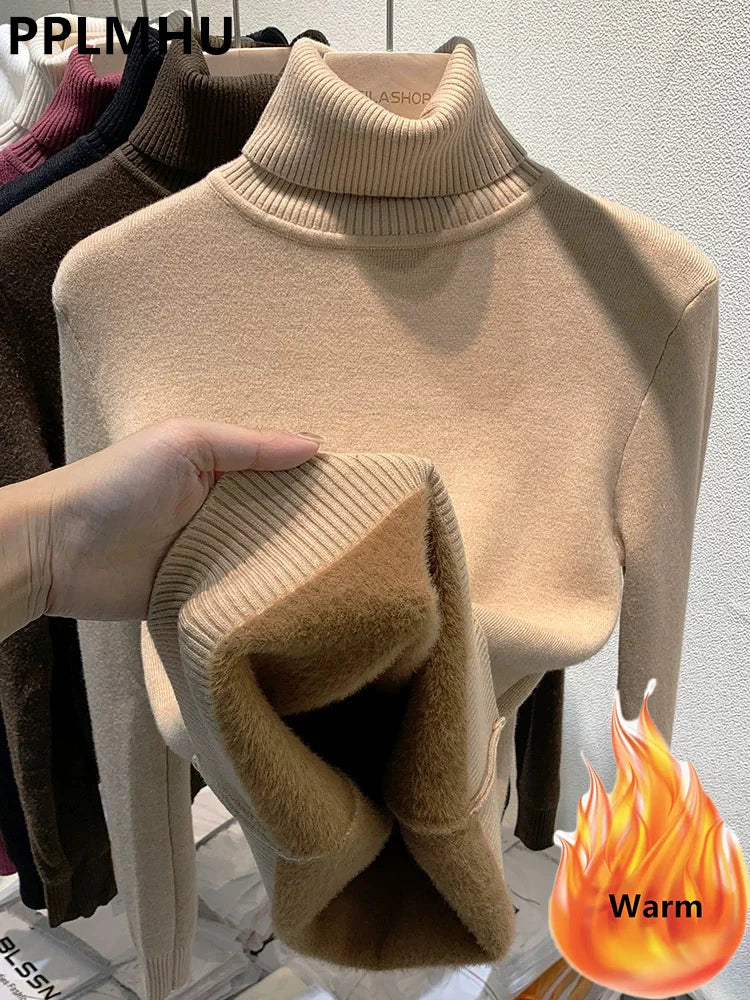 Elegant Women's Thick Velvet Lined Turtleneck Sweater