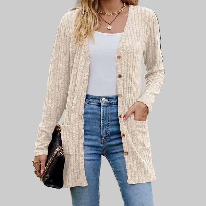 Fleece-Striped V-Neck Long Sleeve Cardigan