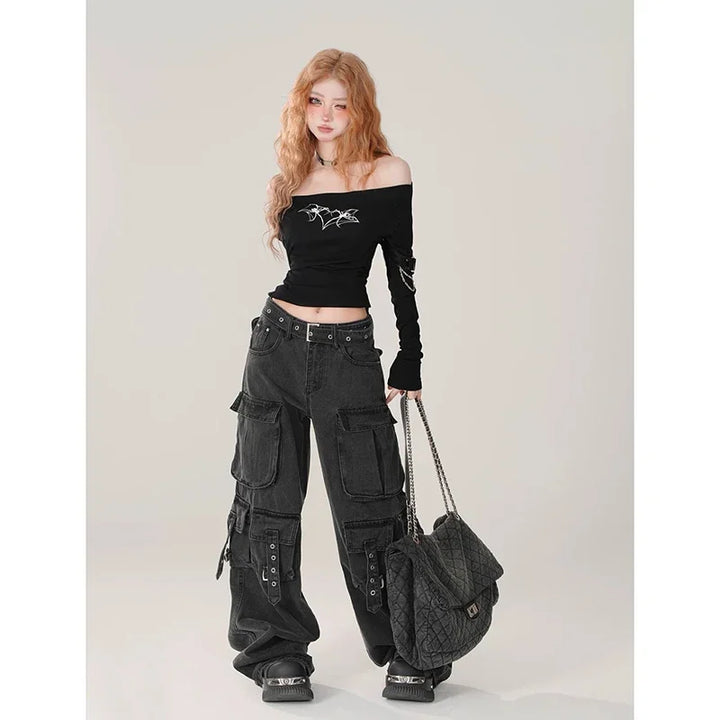 American Retro Multi-Pockets Cargo Jeans - Gothic