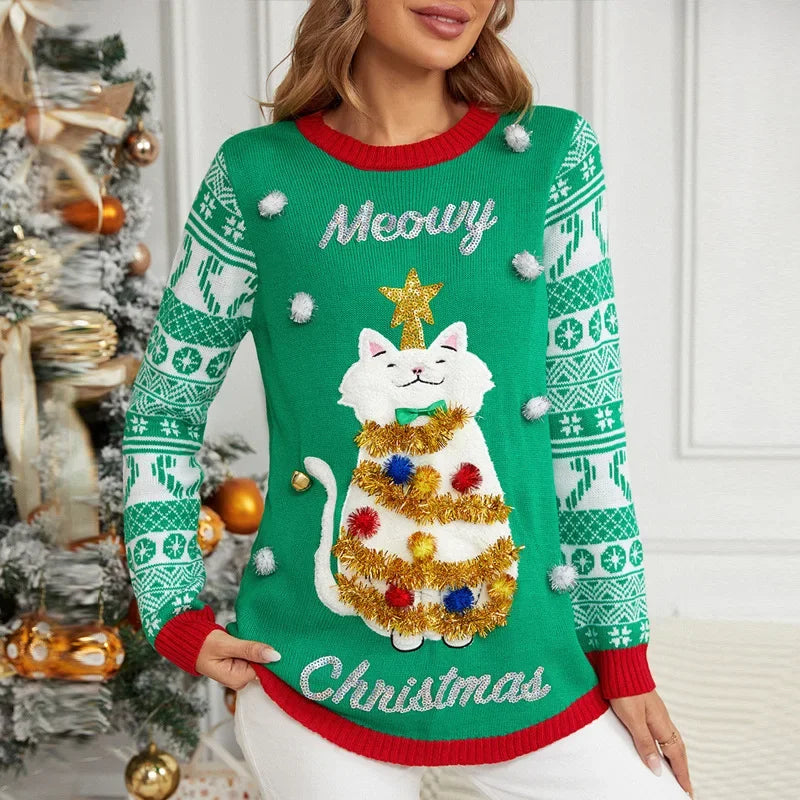 Y2k 3D Cartoon Cat Knitted Xmas Sweater