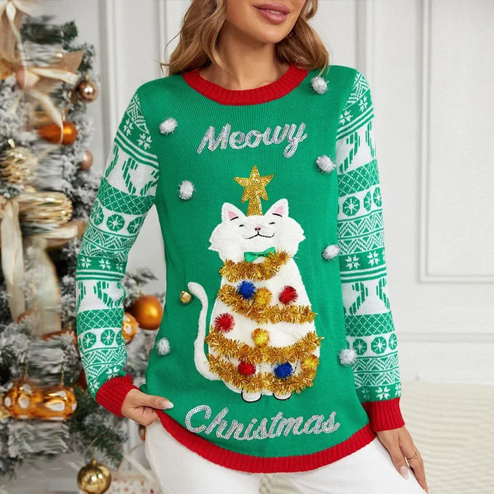 Y2k 3D Cartoon Cat Knitted Xmas Sweater