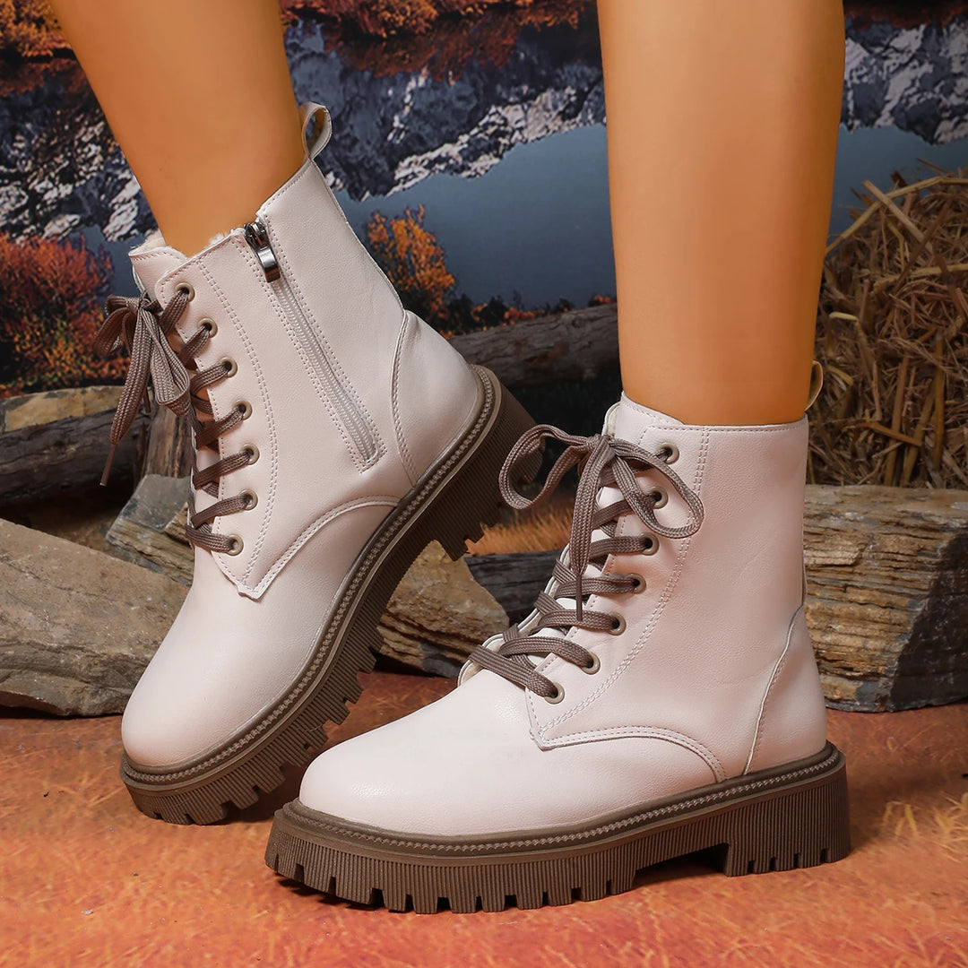 Solid Color Chunky Heel Side Zip Boots