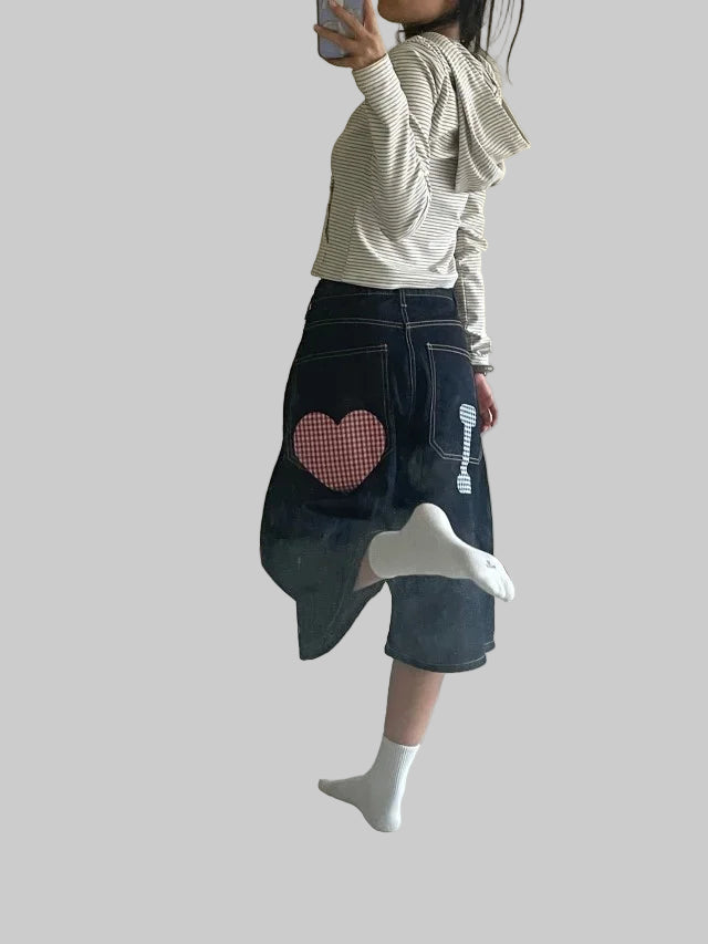 Hip hop pocket print loose Y2K denim shorts